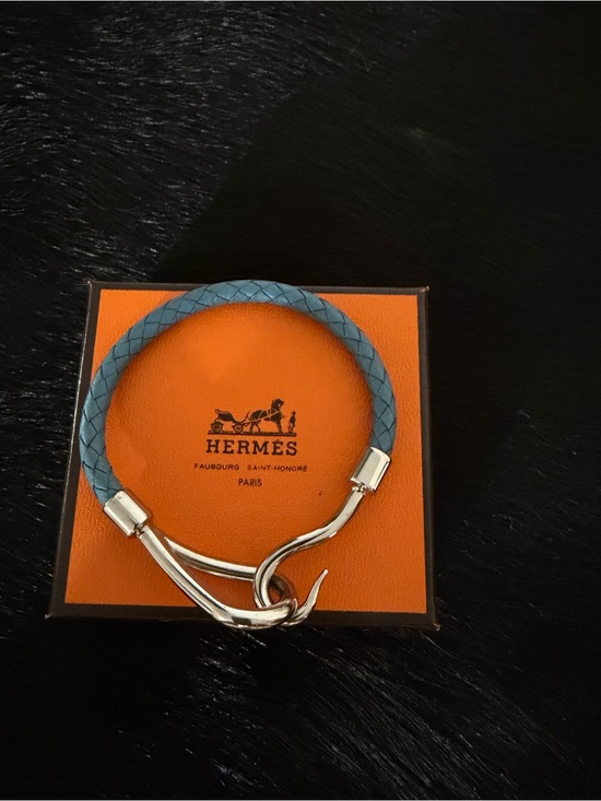 Hermes Jewelry - Hermès Jumbo Blue Braided Leather Bracelet with Silver Hook with Box.